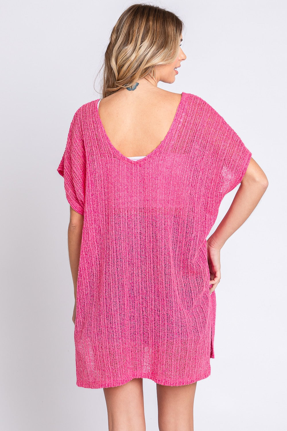 GeeGee Give Me My Hot Pink Short Sleeve Side Slit Knit Cover Up Dress