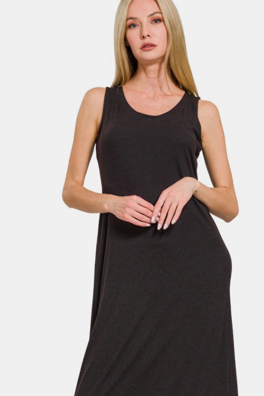 Zenana Simply Slaying Scoop Neck Wide Strap Tank Dress in Black