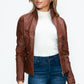 YMI Fuzzy Feels Faux Layered Double-Zipper Jacket with Fuzzy Hood in Brandy