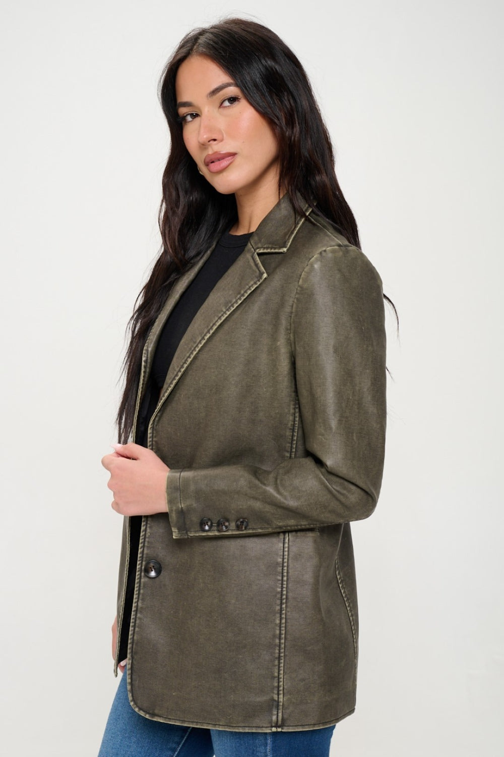 Coalition LA A Touch of Edge Single-Breasted Vegan Leather Blazer in Olive Brown