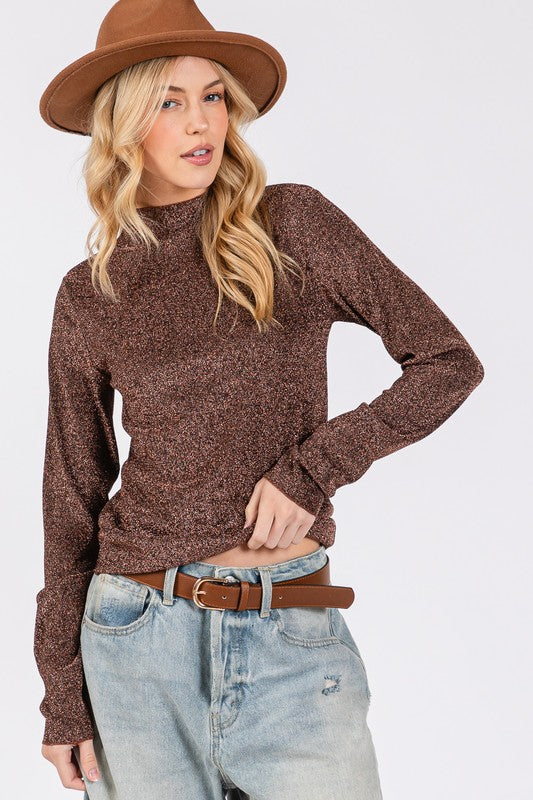 SAGE + FIG Add More Sparkle Glitter Mock Neck Lettuce Hem Long Sleeve Top in Brown