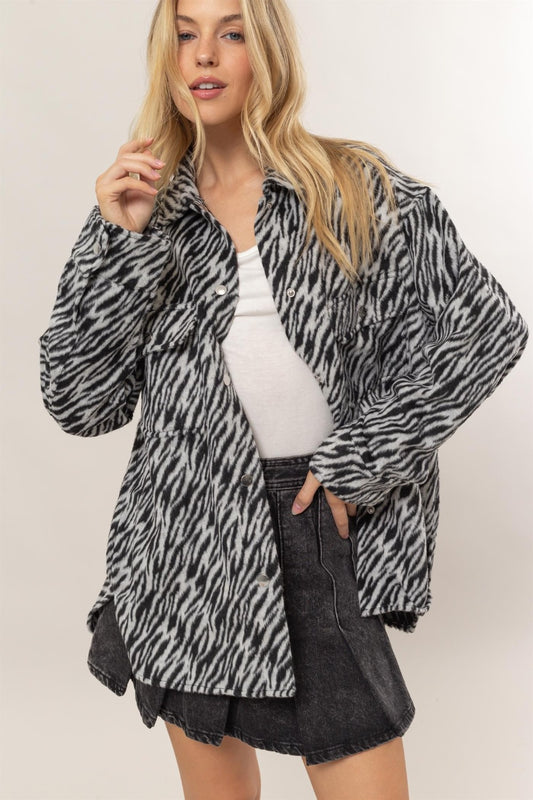 HYFVE Wild Side Zebra Print Snap Down Long Sleeve Shacket