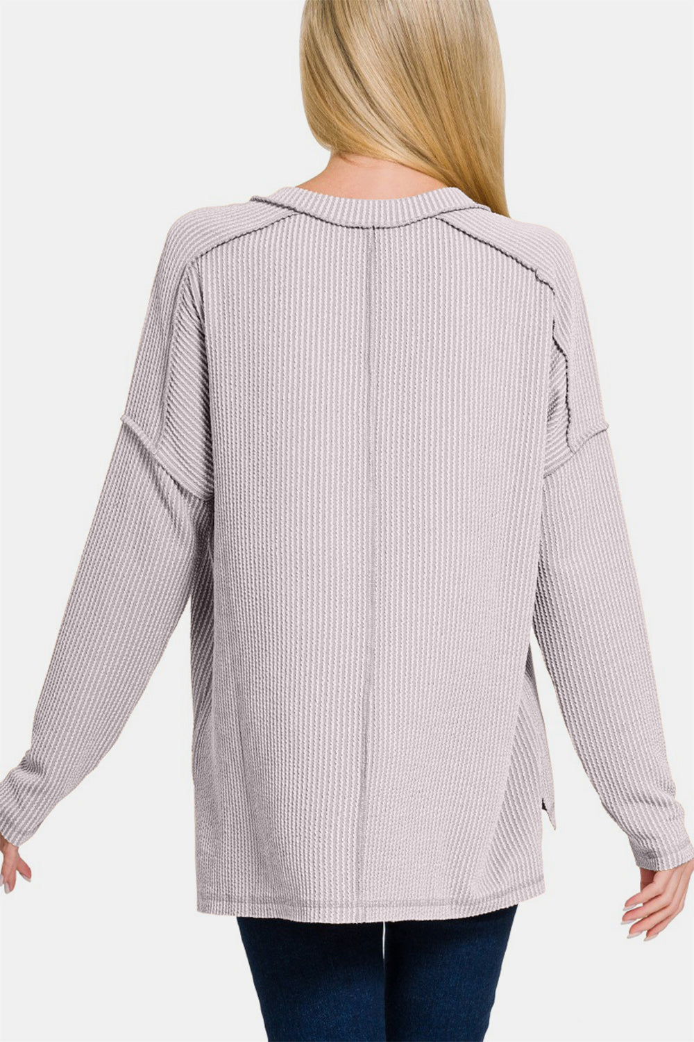 Zenana All About Details Texture Exposed Seam V-Neck Long Sleeve T-Shirt in Light Gray