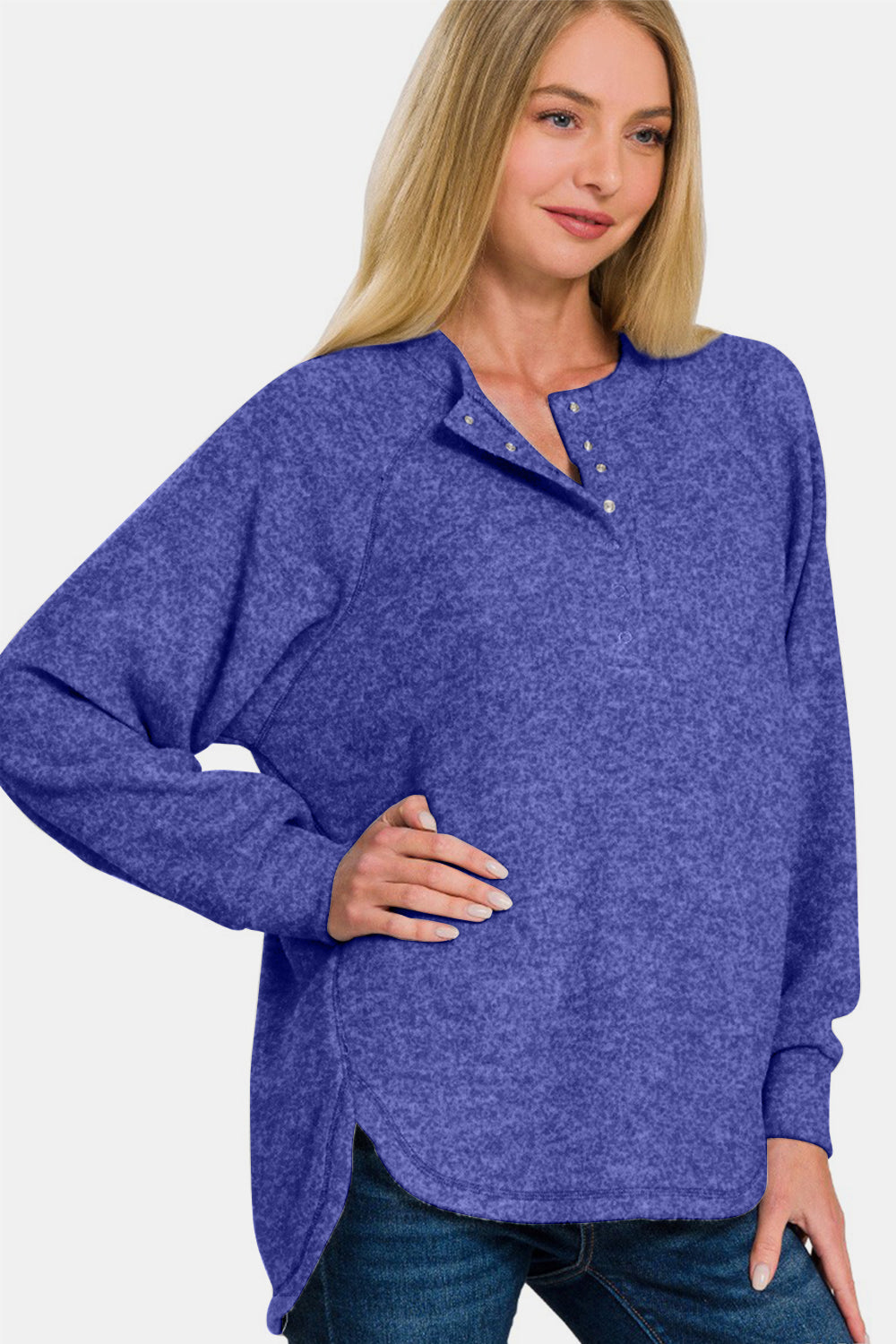 Zenana Mixed Emotions Brushed Melange Hacci High-Low Sweater in Bright Blue