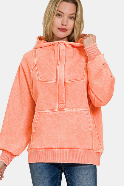 Zenana Easy Thinking Acid Wash Fleece Kangaroo Pocket Hoodie in Coral