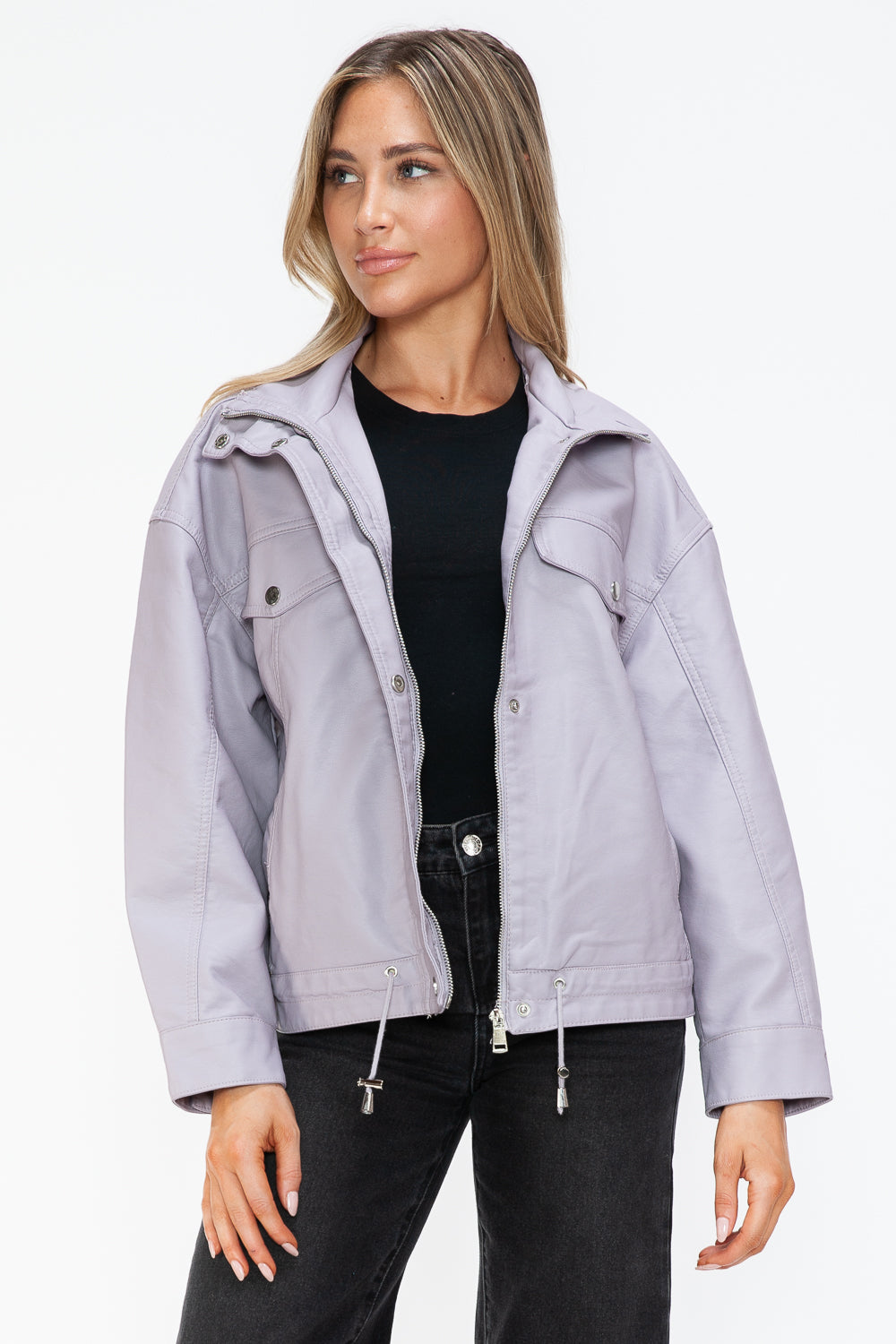 How Dare U My Favorite Layer Drawstring Hem PU Leather Zip Up Jacket in Lilac