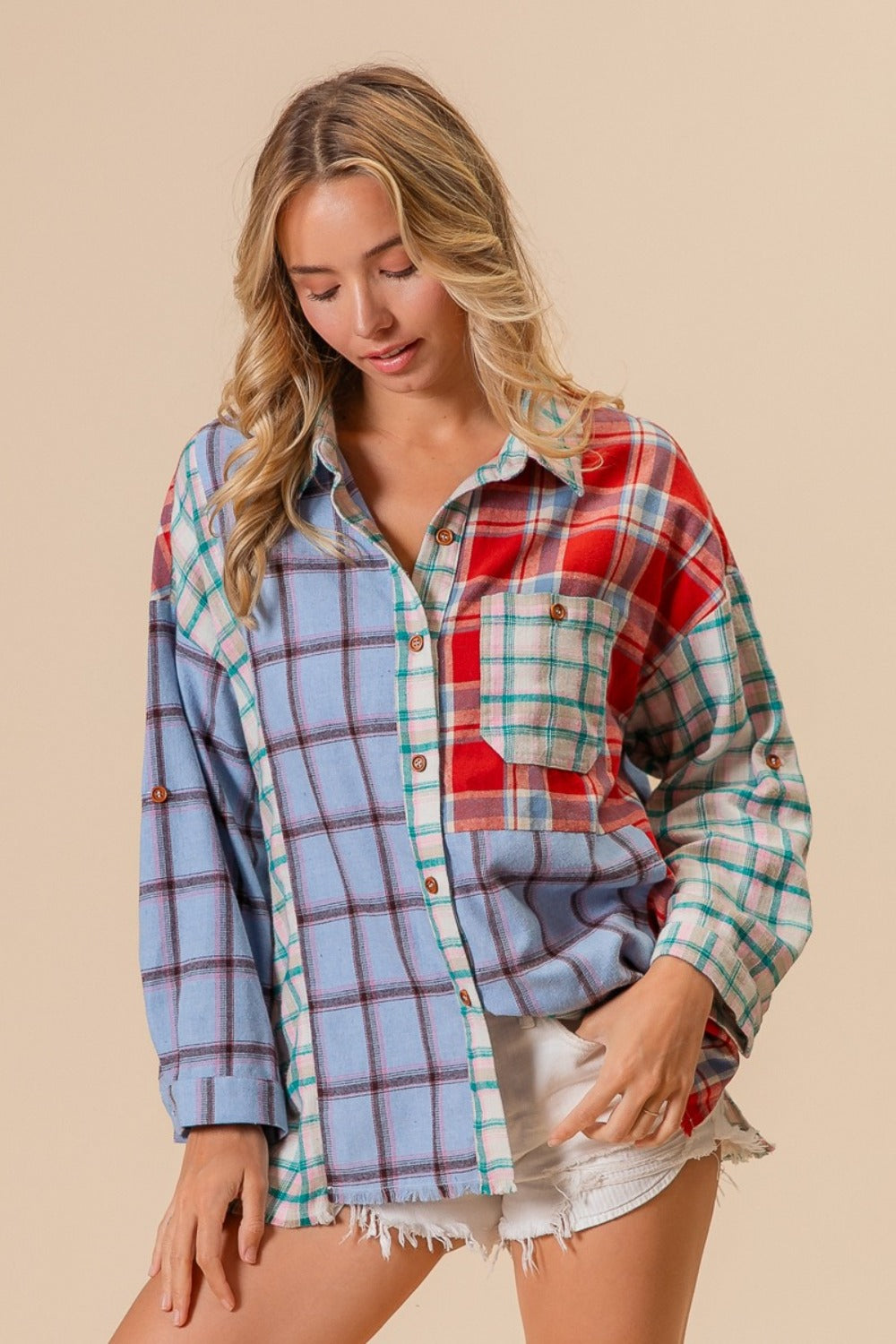 BiBi By The River Color Block Plaid Button Down Shirt