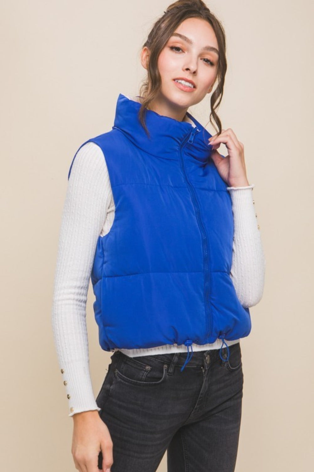 Love Tree Two Faced Zip Up Cropped Contrast Reversible Vest in Azure