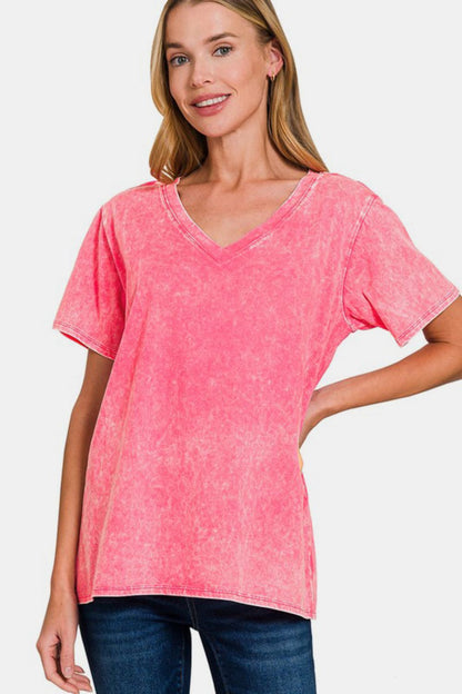 Zenana Cute in Strawberry Washed Short Sleeve V-Neck T-Shirt
