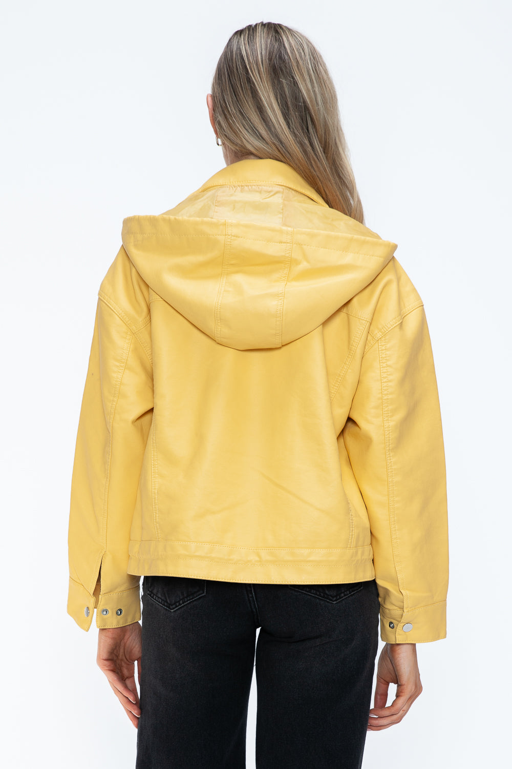 How Dare U My Favorite Layer Drawstring Hem PU Leather Zip Up Jacket in Pale Yellow