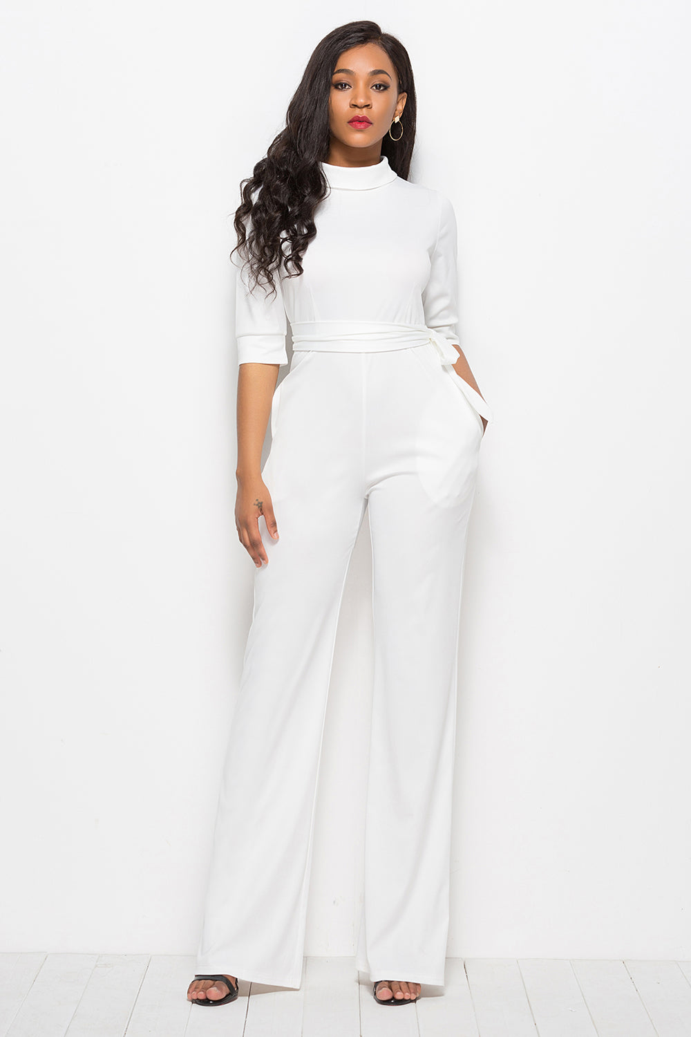 Driven Mock Neck Tie-Waist Half Sleeve Jumpsuit with Pockets