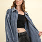 VERY J Raw Hem, Real Style Mixed Media Button Down Raw Hem Shacket in Denim