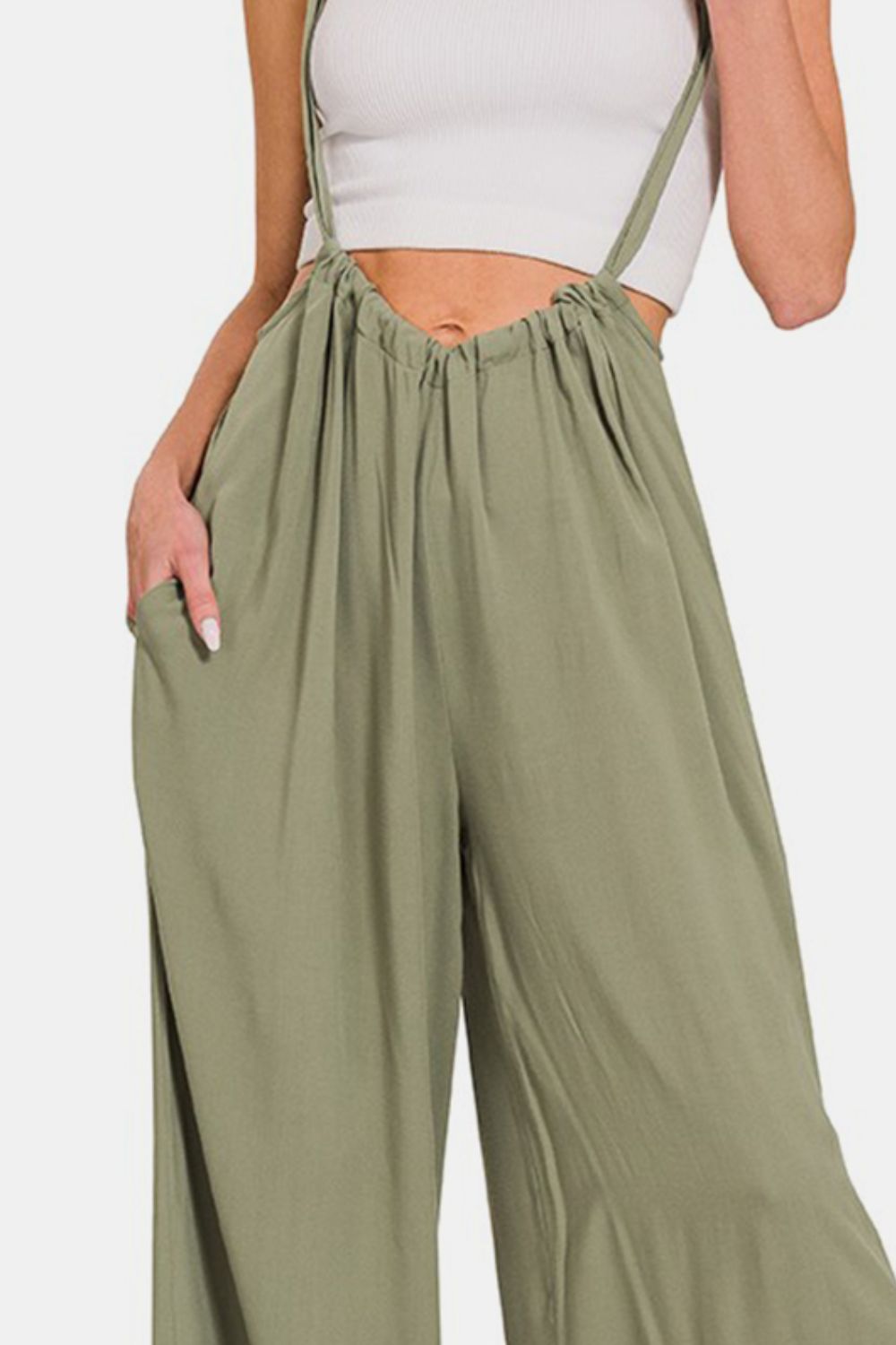 Zenana My Vibe Pocketed Wide Strap Wide Leg Overalls in Light Olive