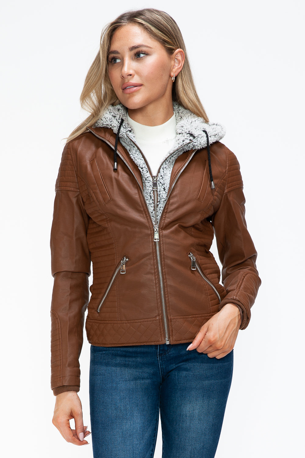 YMI Fuzzy Feels Faux Layered Double-Zipper Jacket with Fuzzy Hood in Rust