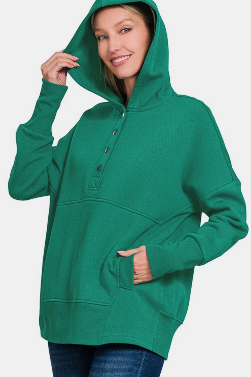 Zenana You Have My Heart Half Snap Long Sleeve Hoodie with Kangaroo Pocket in Dark Green