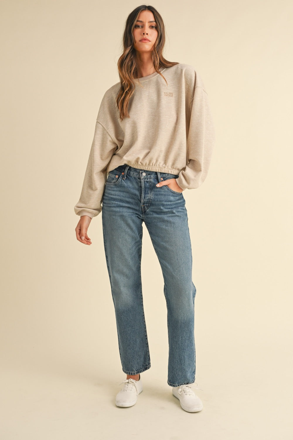 Mable Vintage in Malibu Letter Embroidery Crop Sweatshirt in Taupe