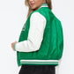 Love Me Now Bring The Love PU Leather Contrast Snap Down Bomber Jacket in Green/Milk