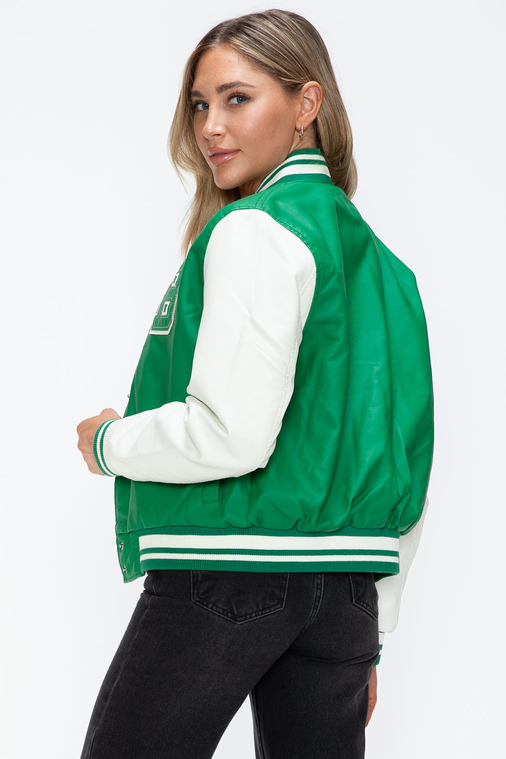 Love Me Now Bring The Love PU Leather Contrast Snap Down Bomber Jacket in Green/Milk