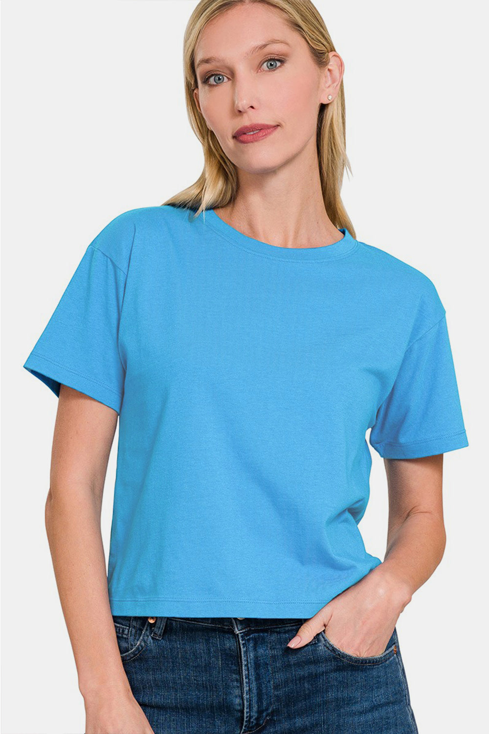 Zenana Expressions Short Sleeve Cropped T-Shirt in Deep Sky