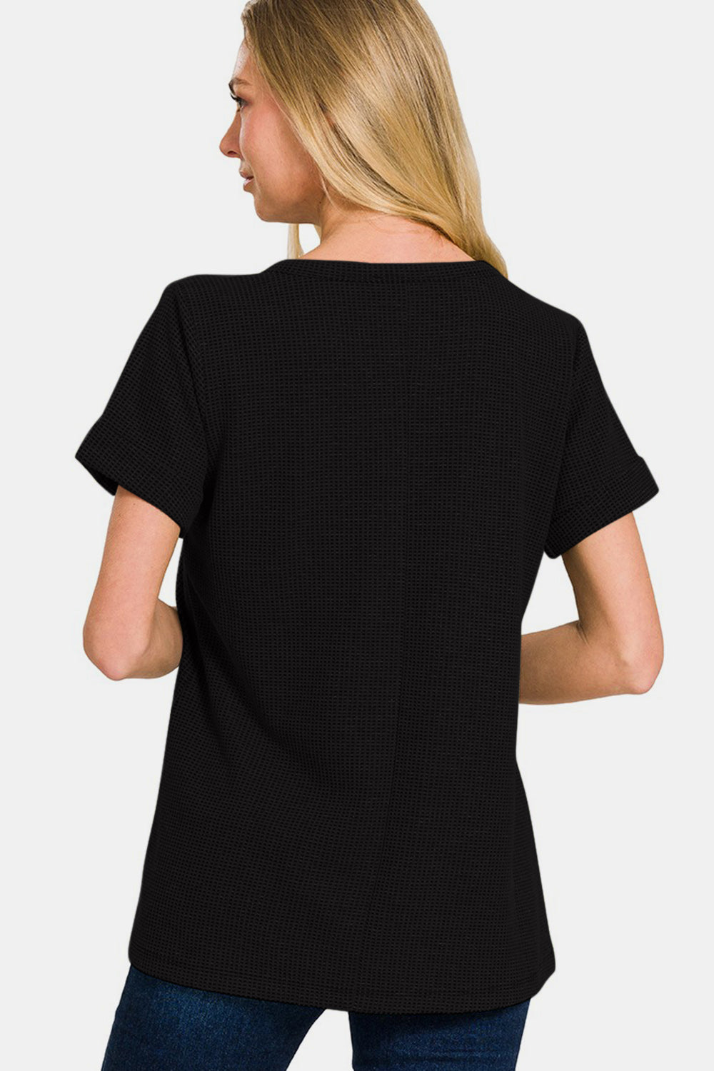 Zenana The Moment Is Now Notched Neck Short Sleeve Waffle T-Shirt