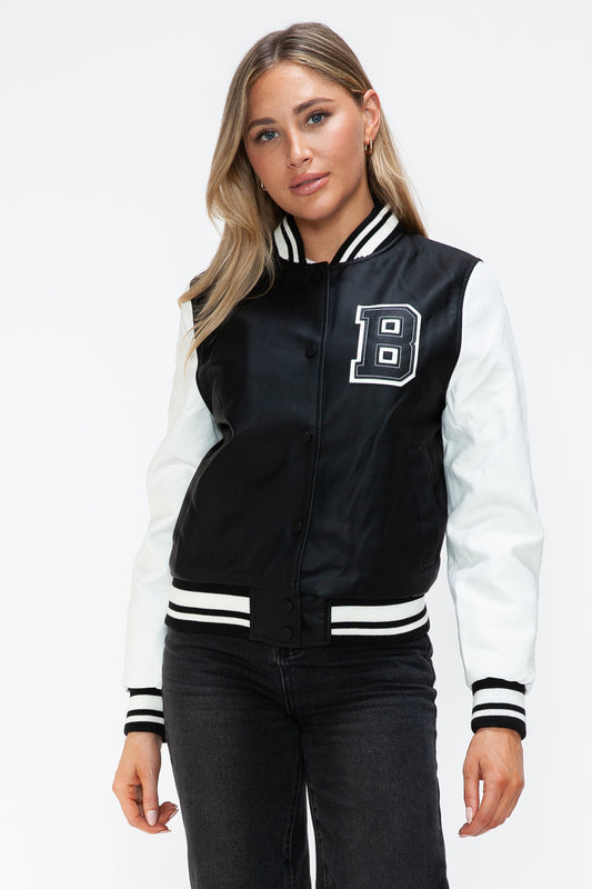 Love Me Now Bring The Love PU Leather Contrast Snap Down Bomber Jacket in Black/ White