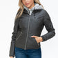 YMI Fuzzy Feels Faux Layered Double-Zipper Jacket with Fuzzy Hood in Charcoal