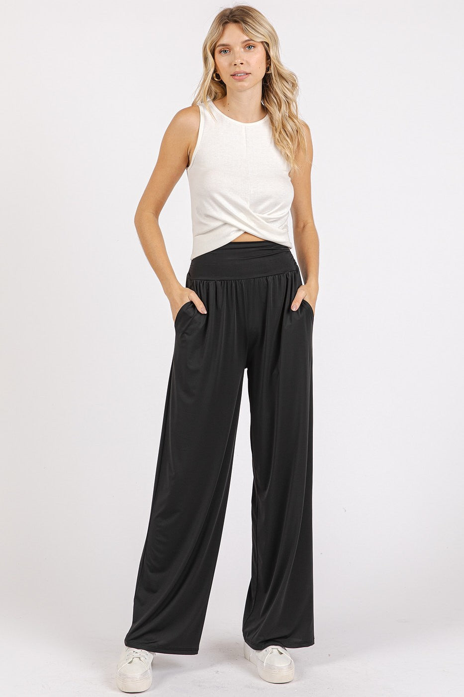 Mittoshop Living for the Flow Stretch Banded Waist Wide Leg Pants with Pockets in Black