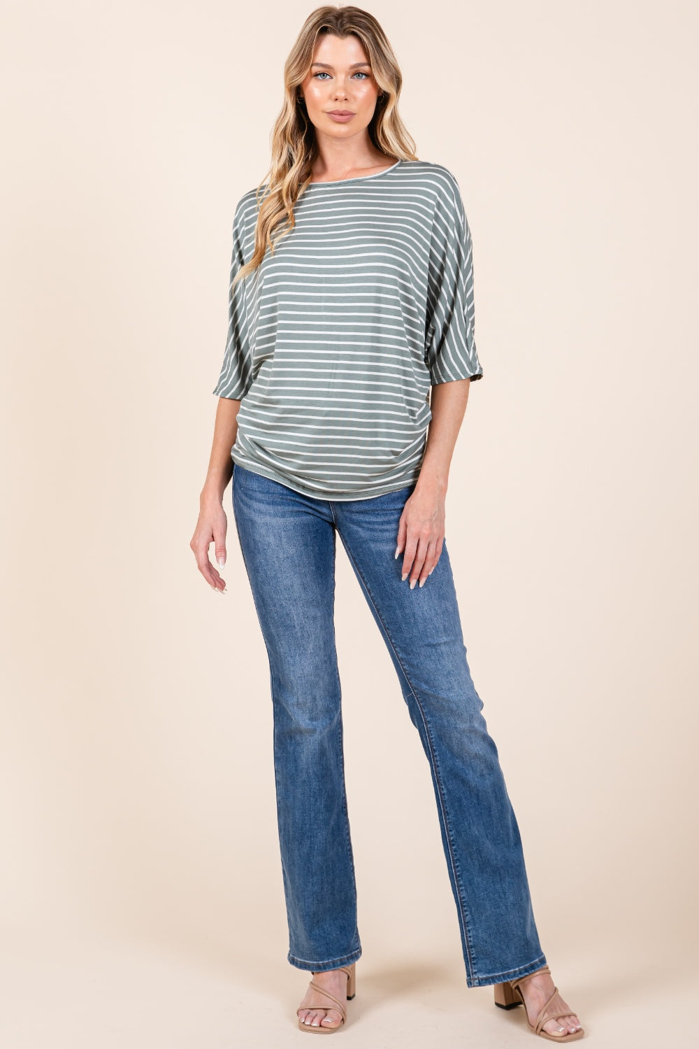 BOMBOM Casually Striped Boat Neck Dolman Sleeve Top in Dusty Olive