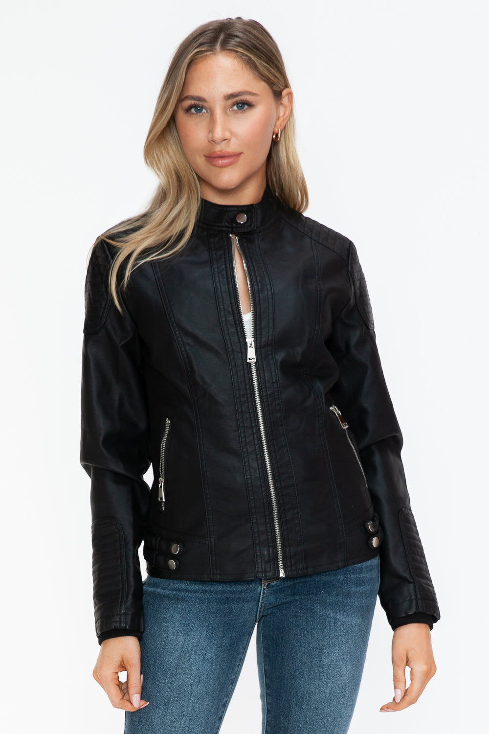 Snobbish A Wild Ride Faux Leather Biker Jacket with Side Zip Pockets in Black