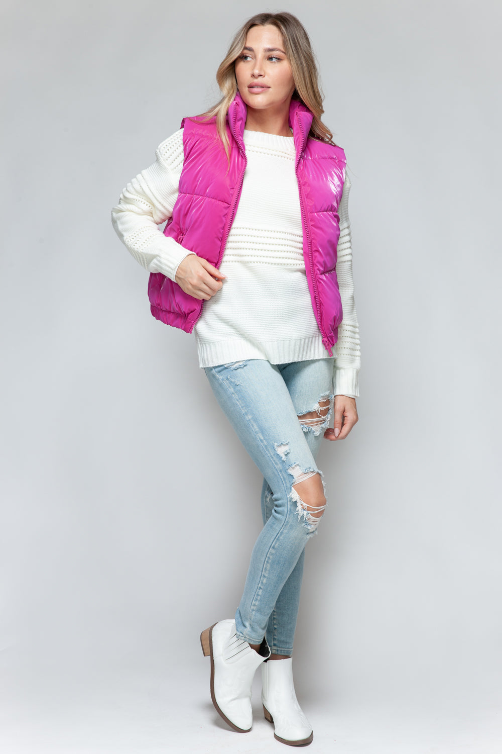 Snobbish Me and My Puffer Fine Fur Lining Quilted Vest in Hot Pink