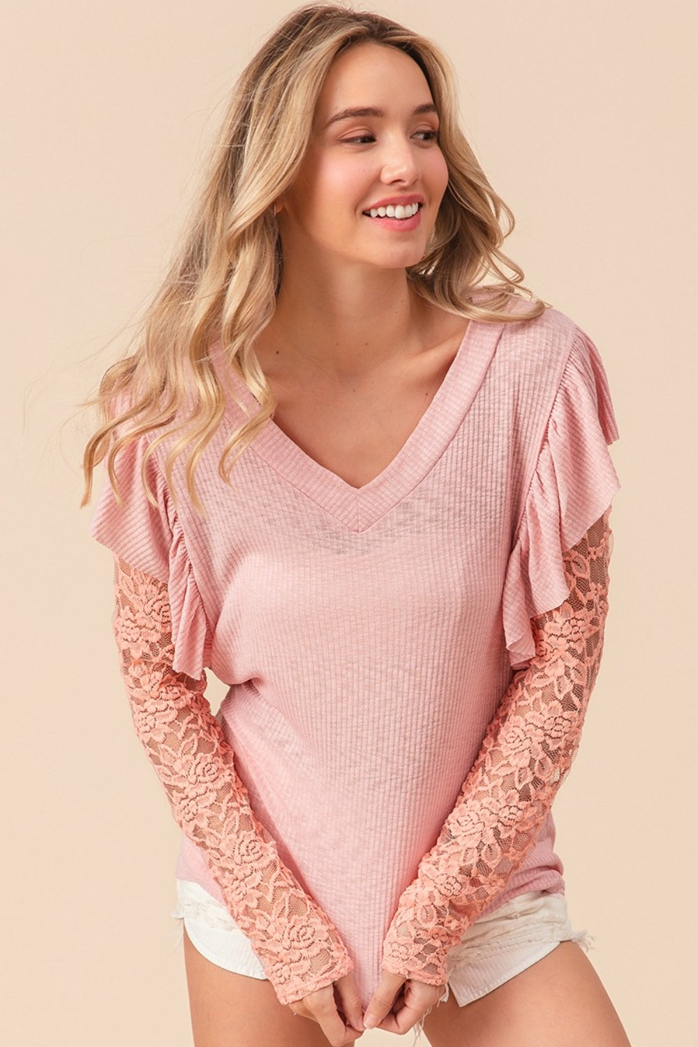 BiBi Dainty & Sweet Ruffled Lace Sleeve Rib Knit Top