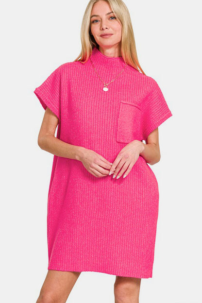 Zenana I'm Ready Short Sleeve Sweater Mini Dress in Hot Pink