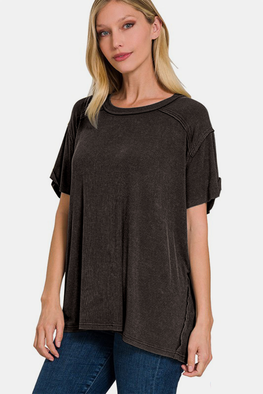 Zenana My Vibes Are Relaxed Washed Ribbed Short Sleeve Top in Black