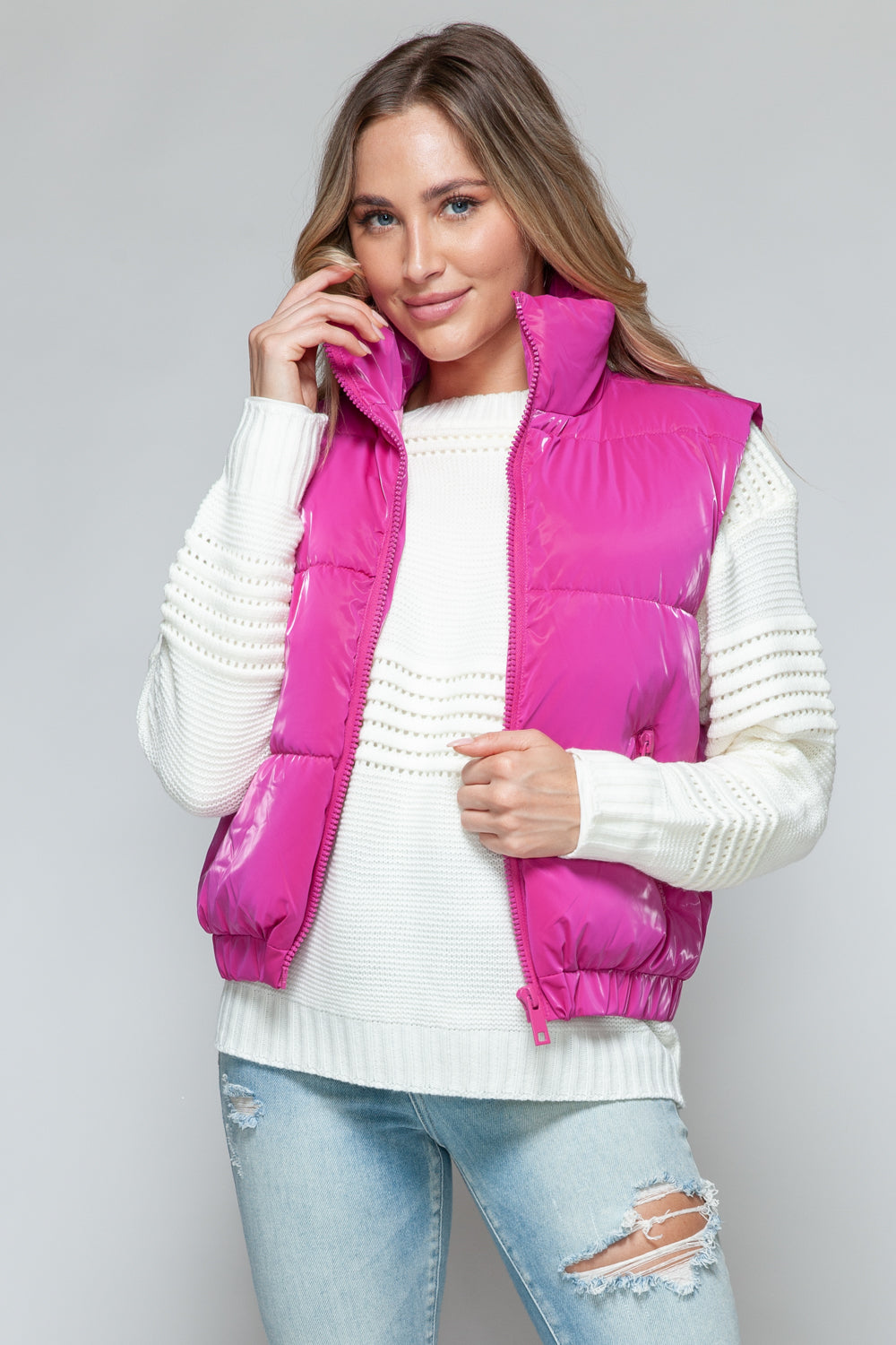 Snobbish Me and My Puffer Fine Fur Lining Quilted Vest in Hot Pink