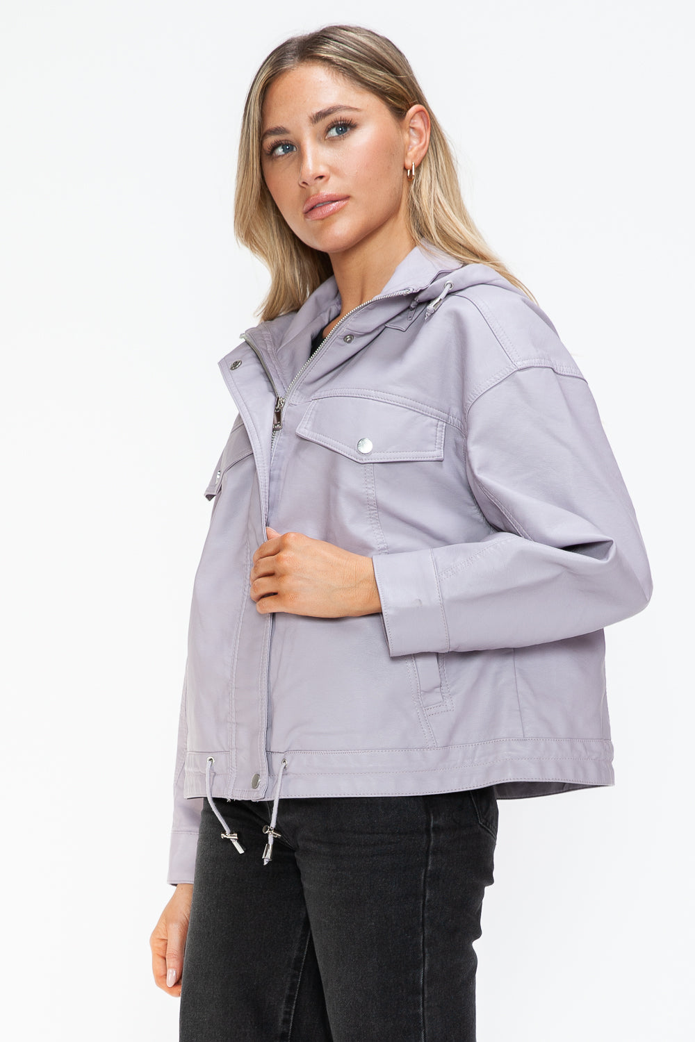 How Dare U My Favorite Layer Drawstring Hem PU Leather Zip Up Jacket in Lilac