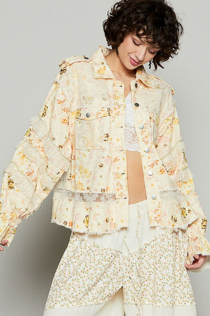 POL Dreams Come True Raw Hem Lace Patch Flounce Sleeve Jacket in Pastel Yellow