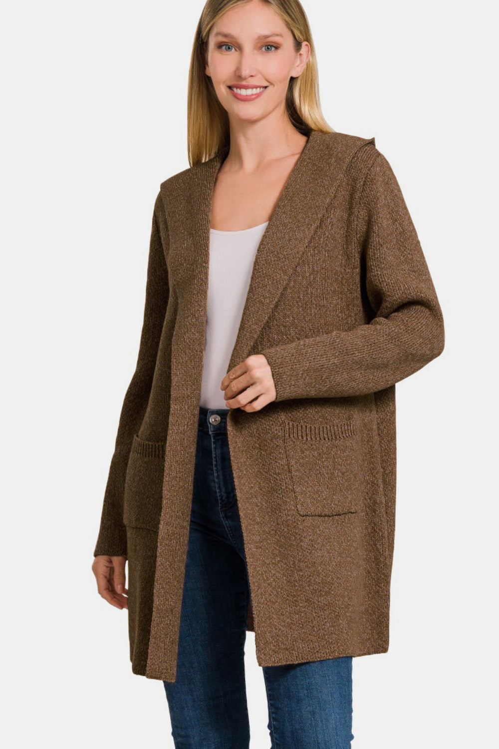 Zenana My Way Hooded Open Front Sweater Cardigan in Brown