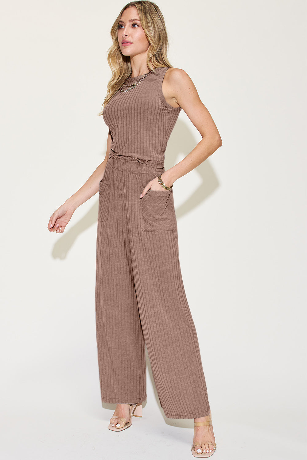 Basic Bae A Fresh Start Ribbed Tank and Wide Leg Pants Set