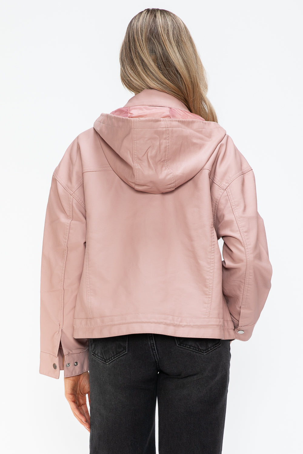 How Dare U My Favorite Layer Drawstring Hem PU Leather Zip Up Jacket in Mauve