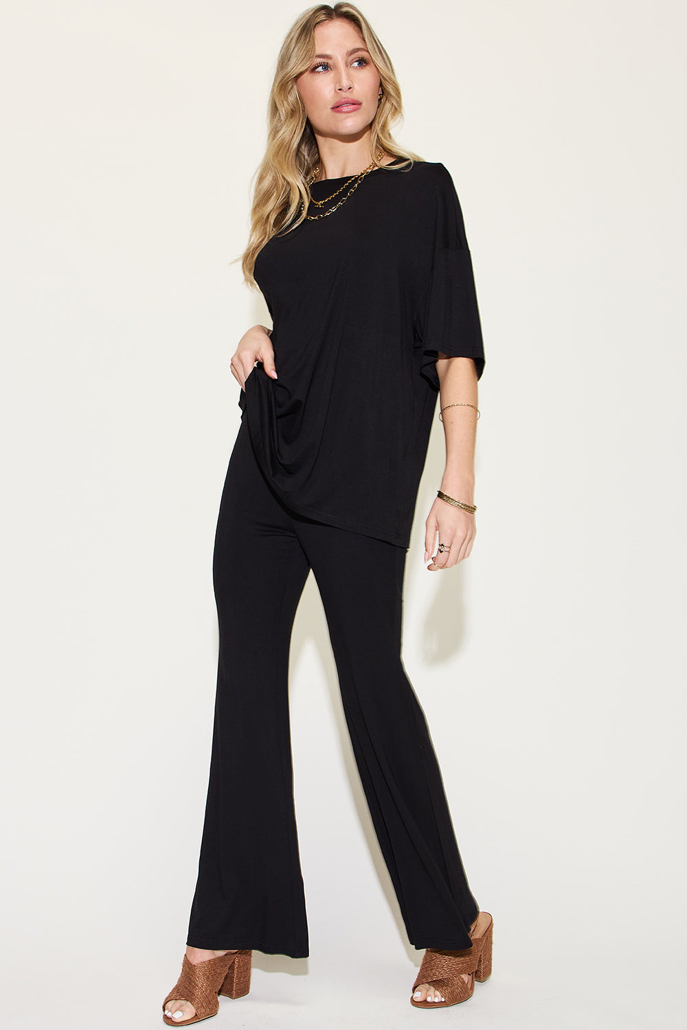 Basic Bae Reflect Bamboo Drop Shoulder T-Shirt and Flare Pants Set