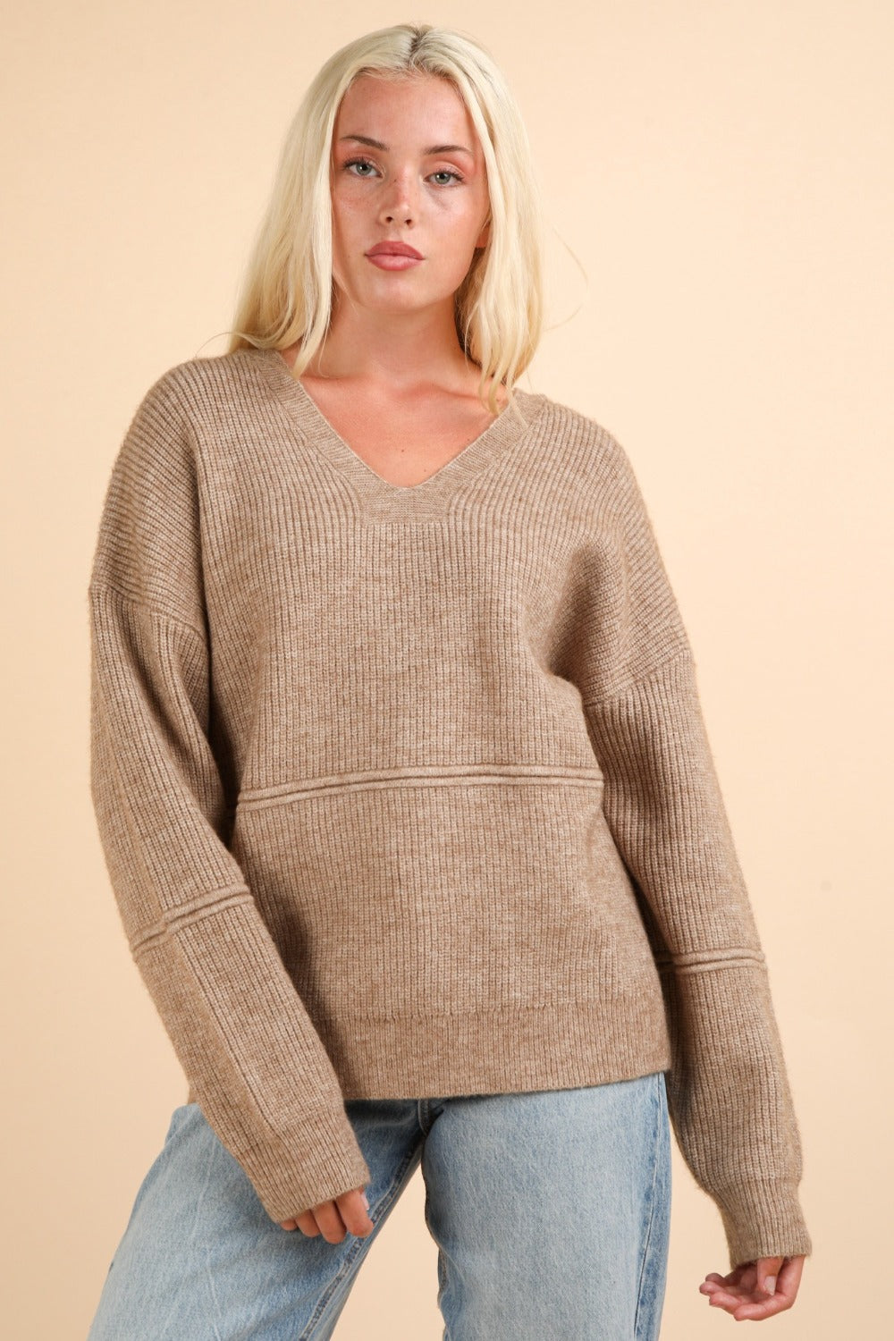 VERY J Keep It Comfy Seam Detail Drop Shoulder Hooded Sweater in Mocha