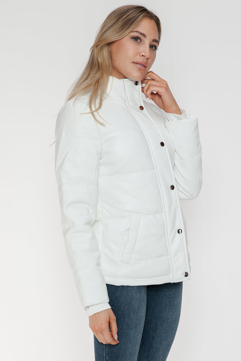 YMI Cozy Perfection Pocketed Zip Up Turtleneck Puffer Jacket in White