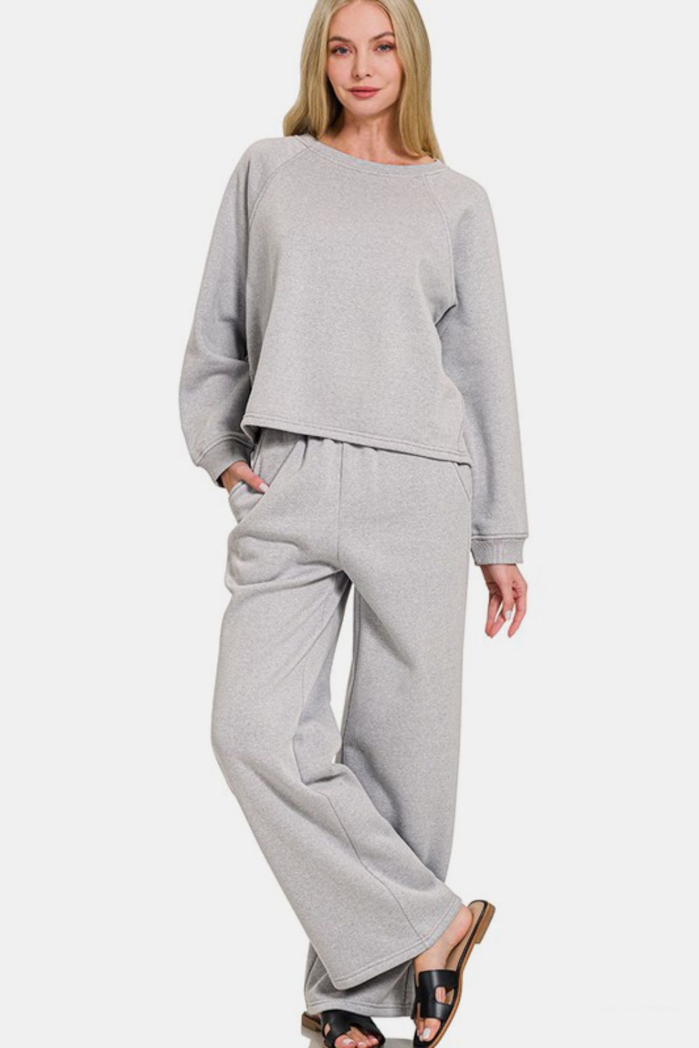 Zenana Cozy Corners Round Neck Raglan Sleeve Top and Elastic Waist Pants Set in Gray