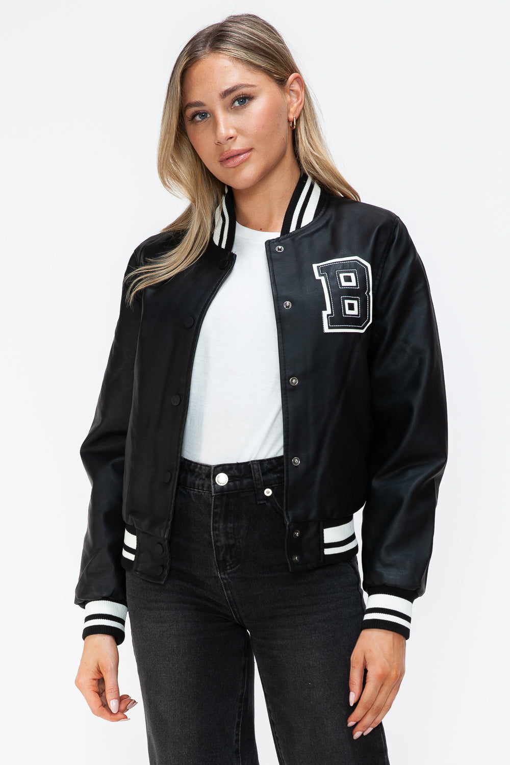 Love Me Now Bring The Love PU Leather Contrast Snap Down Bomber Jacket in Midnight/Black