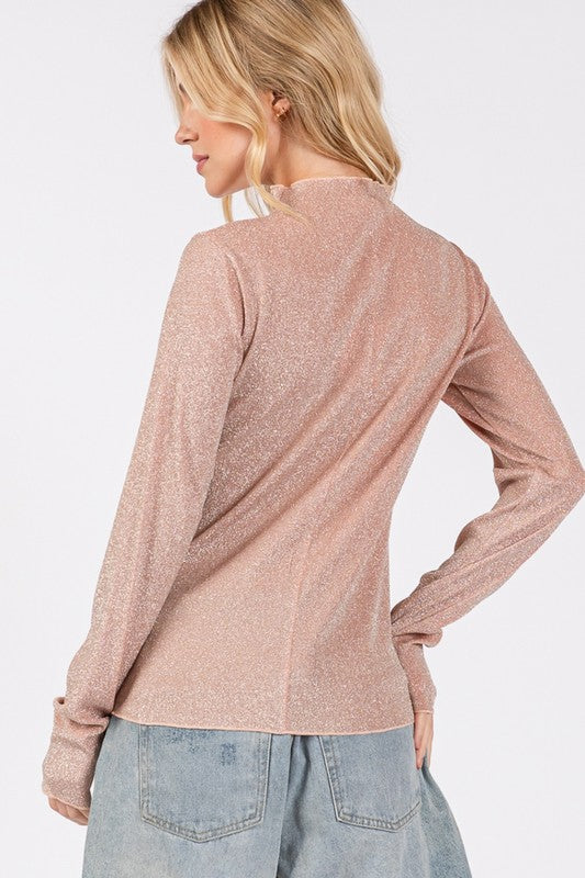 SAGE + FIG Add More Sparkle Glitter Mock Neck Lettuce Hem Long Sleeve Top in Apricot