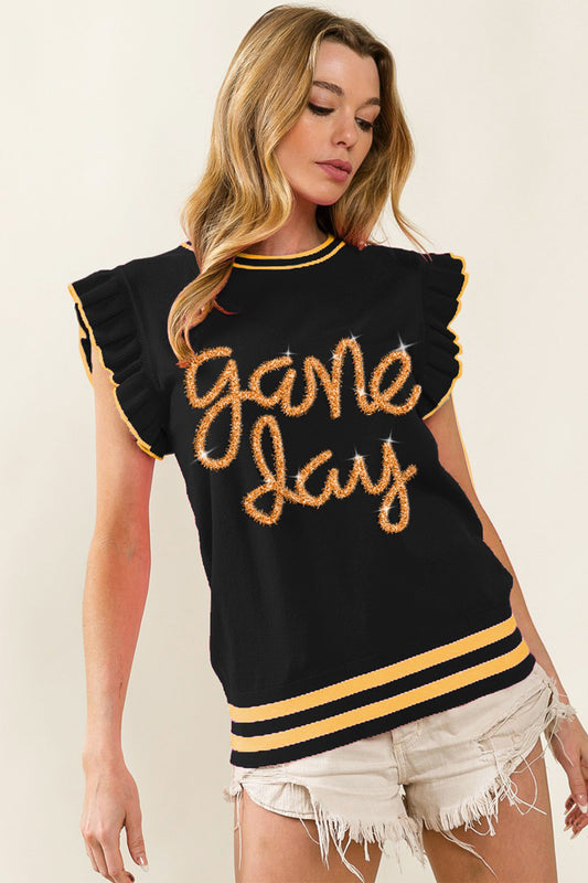 BiBi Game Day Letter Contrast Trim Ruffled Sleeveless Sweater in Black/Gold