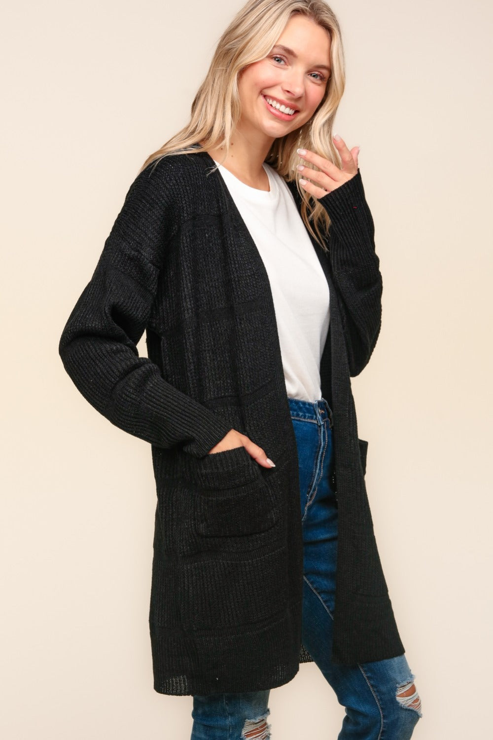 Haptics Crisp Nights Stripe Textured Open Front Cardigan with Pockets in Black