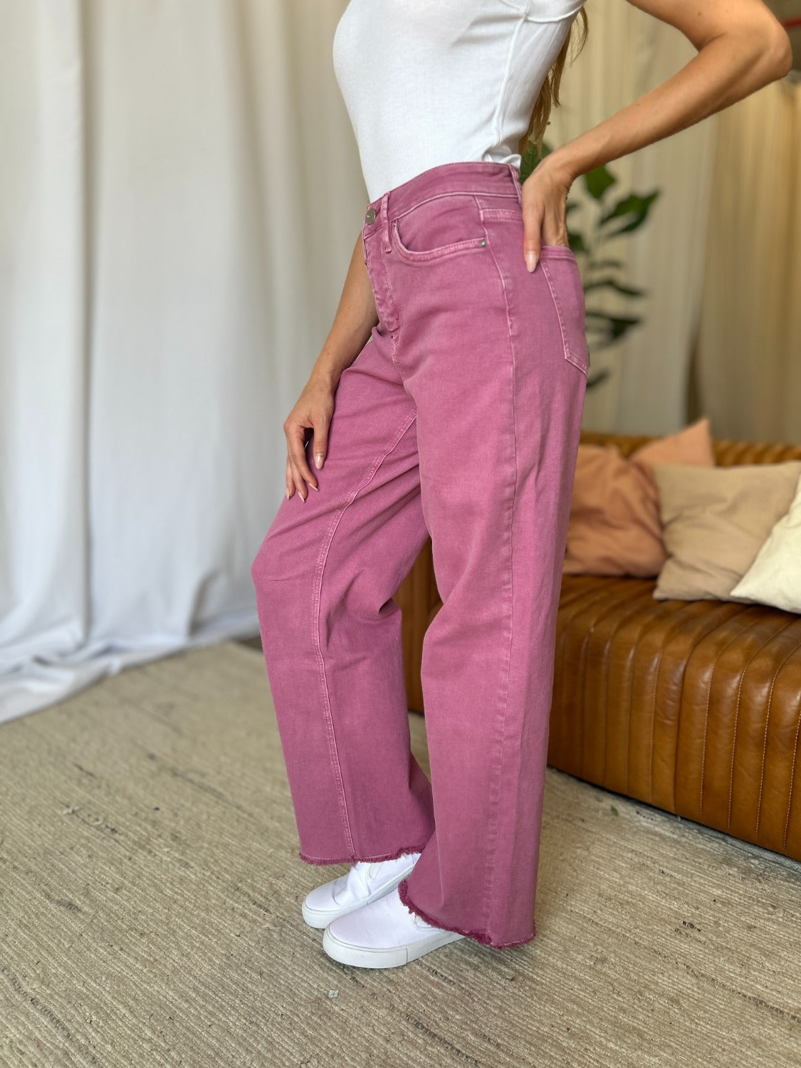 RFM Raelene High Rise Garment Dye Wide Leg Jeans in French Rose