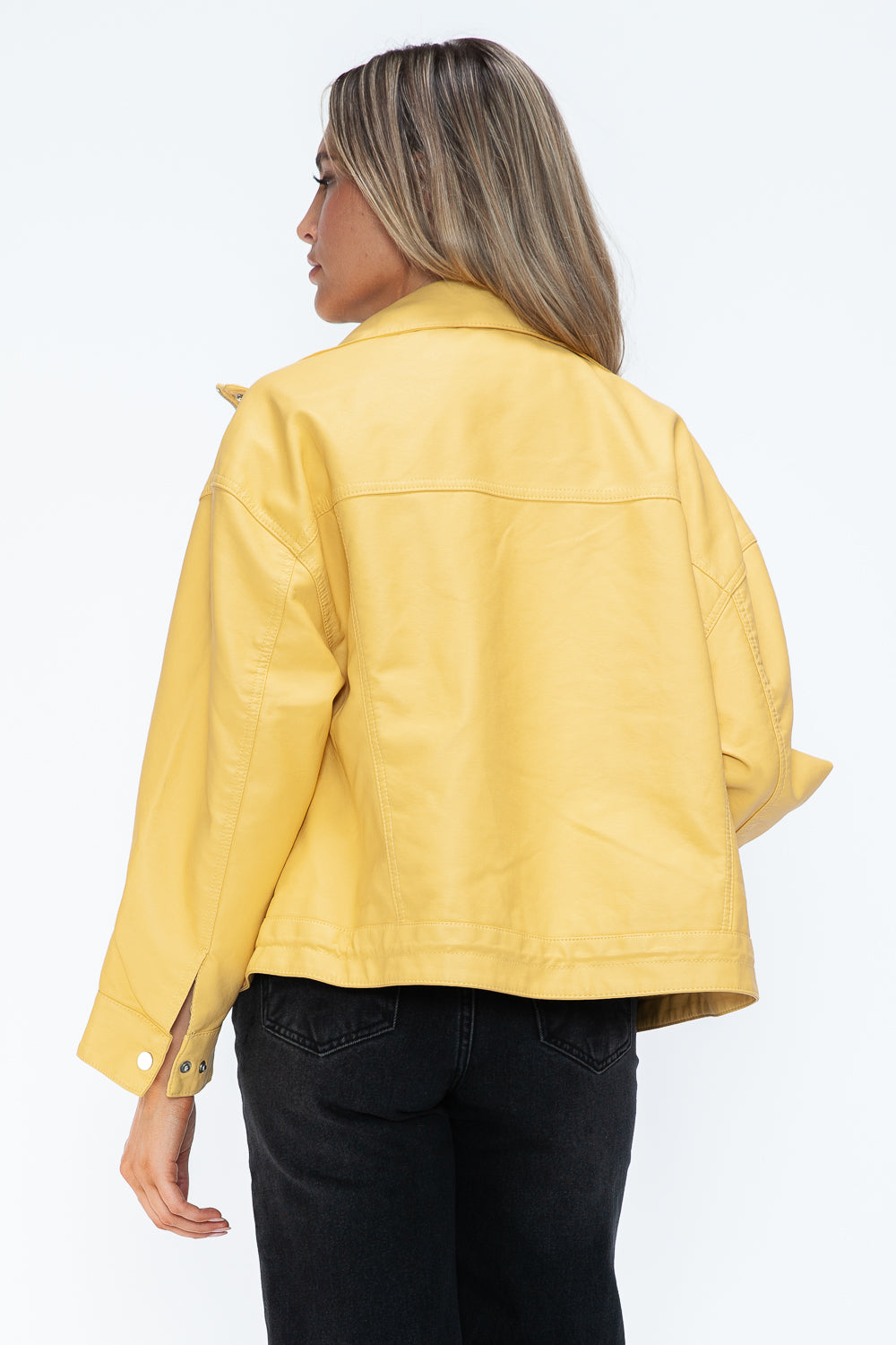 How Dare U My Favorite Layer Drawstring Hem PU Leather Zip Up Jacket in Pale Yellow