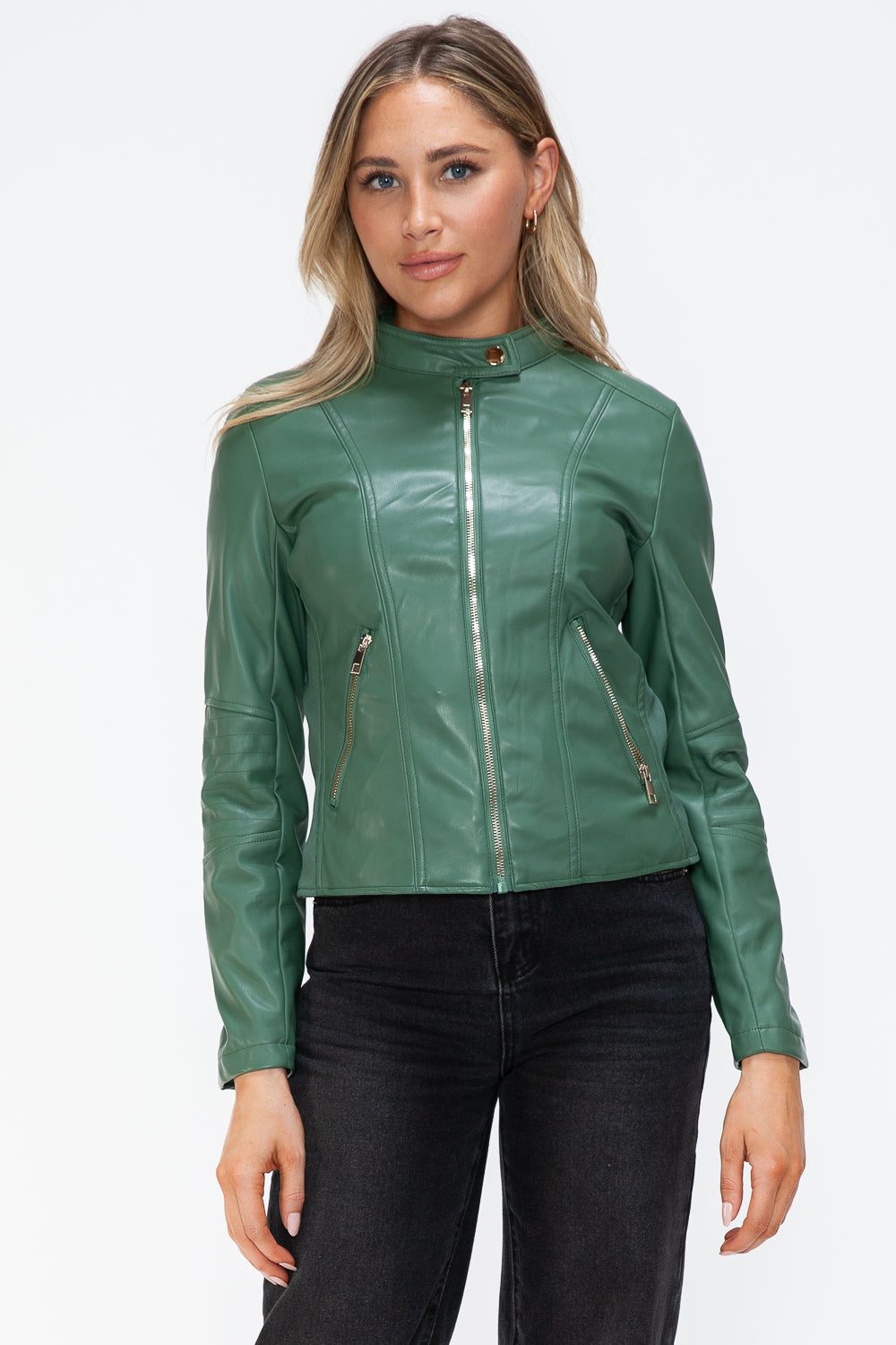 Snobbish Embrace The Day Faux Leather Zip Up Drawstring Hooded Jacket in Sage